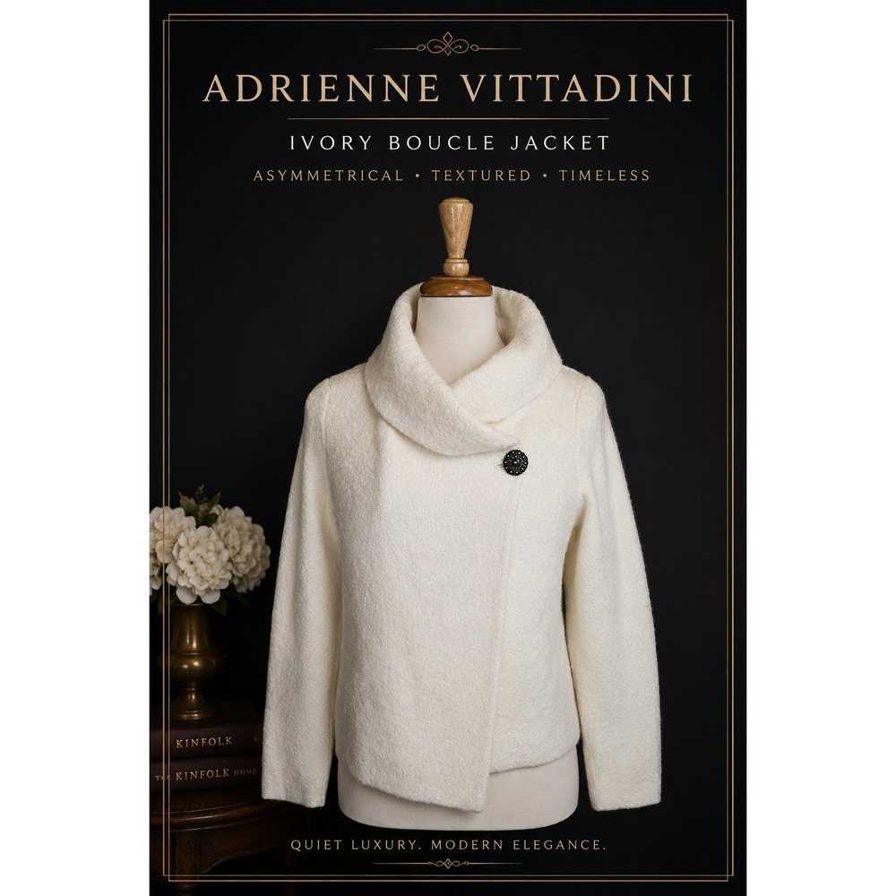 Ivory Boucle Coatigan Quiet Luxury Funnel Neck Asymmetrical Sweater Coat L